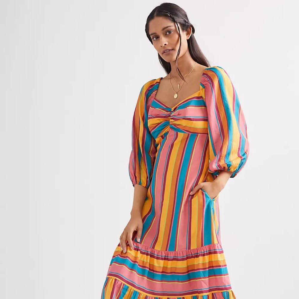 Anthro FARM Rio Rainbow Stripe Midi Dress